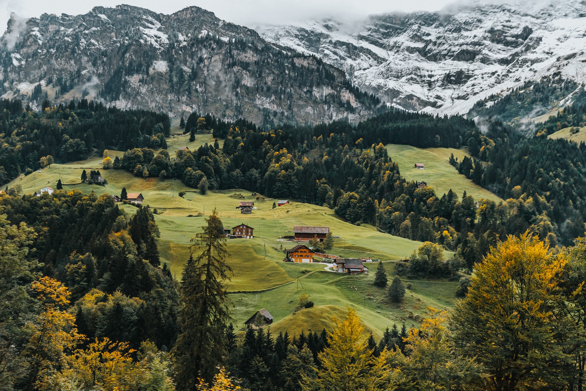 Image du paysage Suisse avec des chalets dans les montagnes et de la neige au sommet.